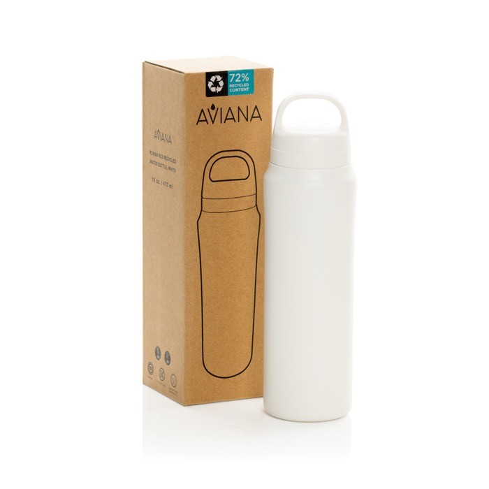 Botella de agua en acero inoxidable reciclado con tapa dual 470ml color blanco vista con caja
