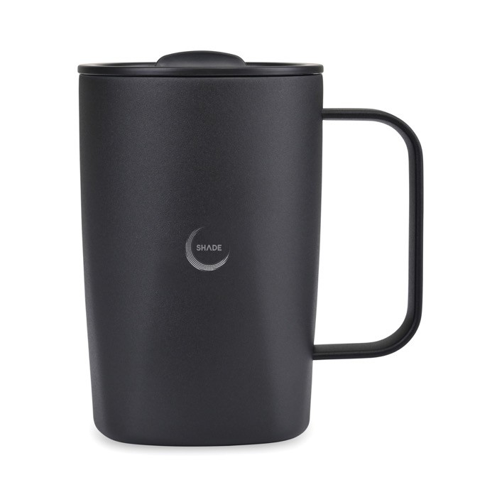 Taza térmica de acero inoxidable reciclado para café o té 450ml color negro vista con logo