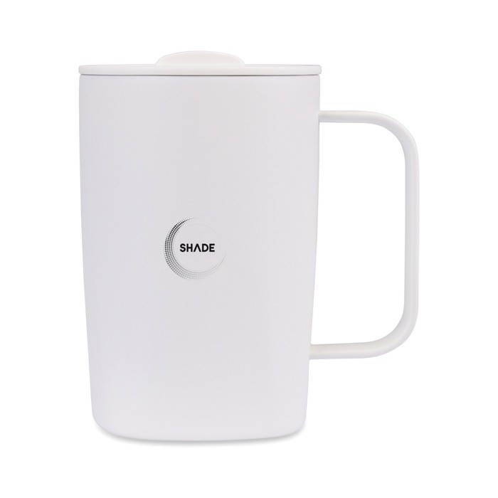 Taza térmica de acero inoxidable reciclado para café o té 450ml color blanco vista con logo