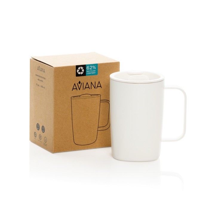Taza térmica de acero inoxidable reciclado para café o té 450ml color blanco vista con caja