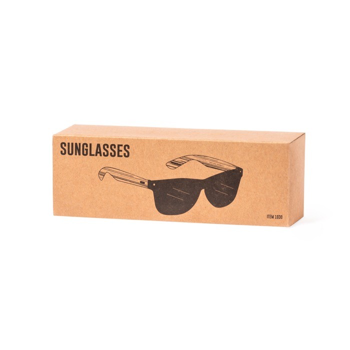 Gafas de sol con varillas de bambú y lente negro efecto espejo color madera vista con caja