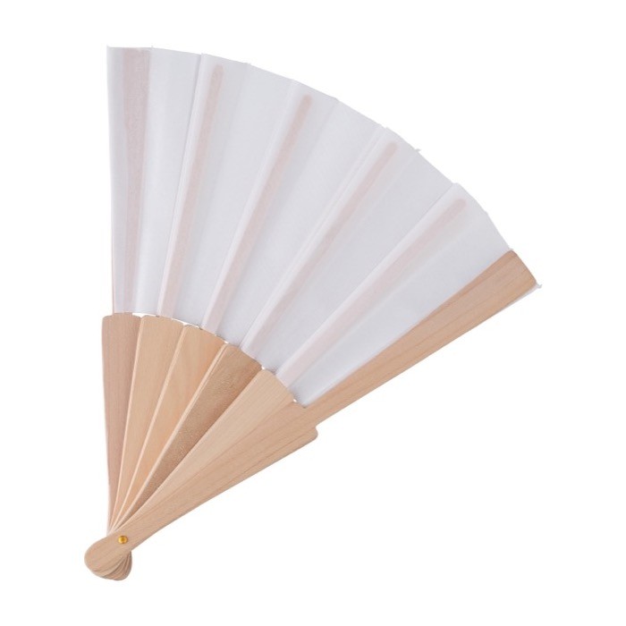 Abanico hecho de RPET color blanco con mango de madera clara color blanco roto segunda vista