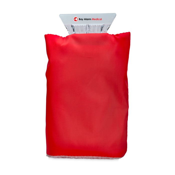 Raspador de hielo con guante protector y acolchado interior color rojo segunda vista impresión con tampografía