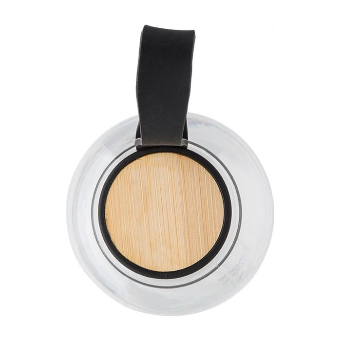 Botella de RPET con asa de goma y detalle de bambú 500ml color transparente tercera vista Botella de RPET con asa de goma y detalle de bambú 500ml color transparente tercera vista