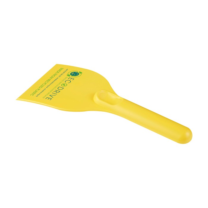 Raspador de hielo grande de plástico reciclado con mango color amarillo vista impresión tampografía