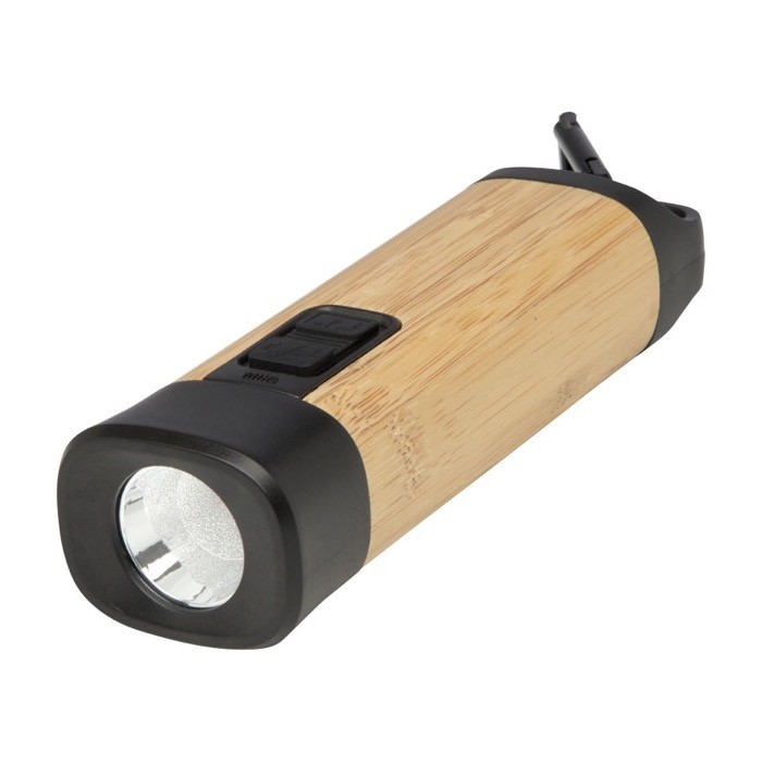 Linterna de bambú y plástico reciclado con mosquetón y 3 tipos luz color natural Linterna de bambú y plástico reciclado con mosquetón y 3 tipos luz color natural