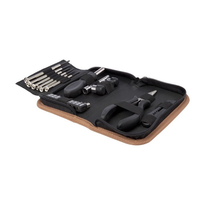 Juego de 24 herramientas de acero y plástico en estuche de corcho color natural Juego de 24 herramientas de acero y plástico en estuche de corcho color natural