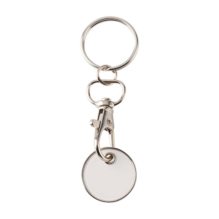 Llavero metálico con moneda para carro en distintos colores color blanco segunda vista frontal Llavero metálico con moneda para carro en distintos colores color blanco segunda vista frontal
