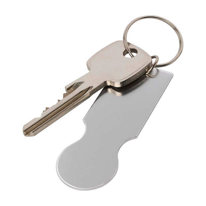 Llavero de aluminio reciclado de una pieza con moneda para carro color plateado segunda vista Llavero de aluminio reciclado de una pieza con moneda para carro color plateado segunda vista