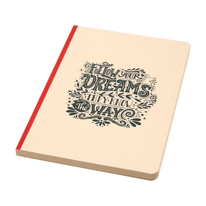 Cuaderno de tapa blanda de caña de azúcar y RPET A5 hojas a rayas color salmón vista impresión serigrafía