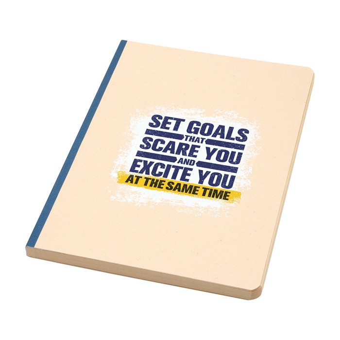 Cuaderno de tapa blanda de caña de azúcar y RPET A5 hojas a rayas color azul marino vista impresión serigrafía