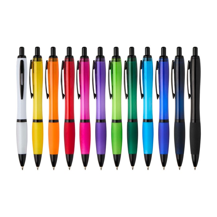 Bolígrafo de plastico reciclado con detalles negros tinta negra color azul marino segunda vista varios colores