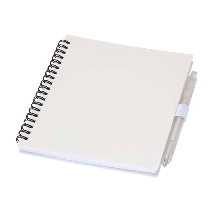Libreta de plástico reciclado con bolígrafo con soporte tinta azul color blanco Libreta de plástico reciclado con bolígrafo con soporte tinta azul color blanco
