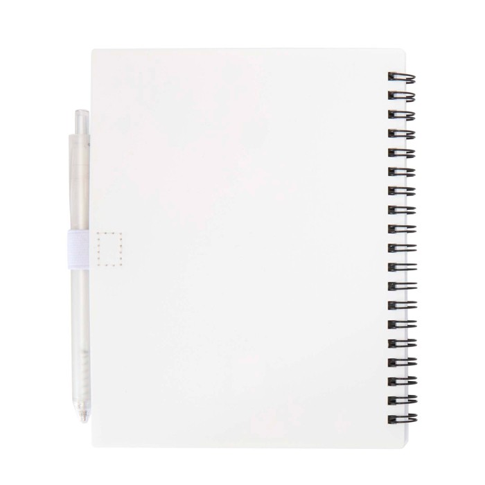 Libreta de plástico reciclado con bolígrafo con soporte tinta azul color blanco segunda vista trasera Libreta de plástico reciclado con bolígrafo con soporte tinta azul color blanco segunda vista trasera