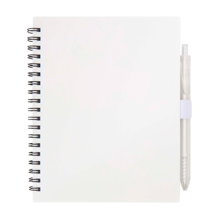 Libreta de plástico reciclado con bolígrafo con soporte tinta azul color blanco segunda vista frontal Libreta de plástico reciclado con bolígrafo con soporte tinta azul color blanco segunda vista frontal