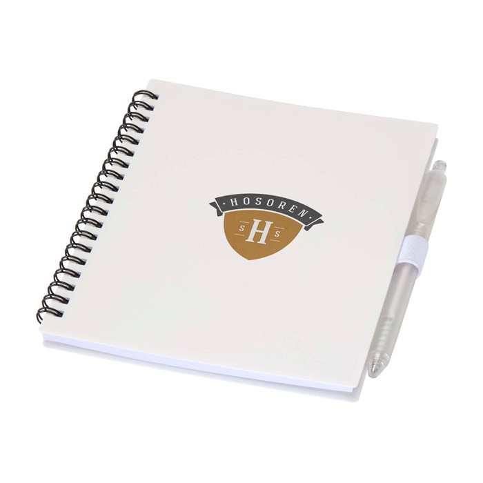 Libreta de plástico reciclado con bolígrafo con soporte tinta azul color blanco vista impresión tampografía Libreta de plástico reciclado con bolígrafo con soporte tinta azul color blanco vista impresión tampografía