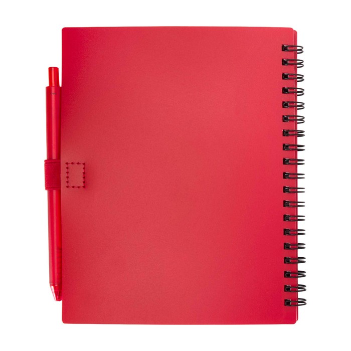 Libreta de plástico reciclado con bolígrafo con soporte tinta azul color rojo segunda vista trasera Libreta de plástico reciclado con bolígrafo con soporte tinta azul color rojo segunda vista trasera
