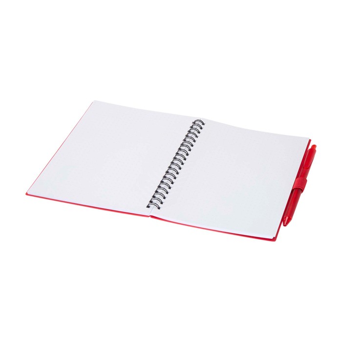 Libreta de plástico reciclado con bolígrafo con soporte tinta azul color rojo segunda vista Libreta de plástico reciclado con bolígrafo con soporte tinta azul color rojo segunda vista