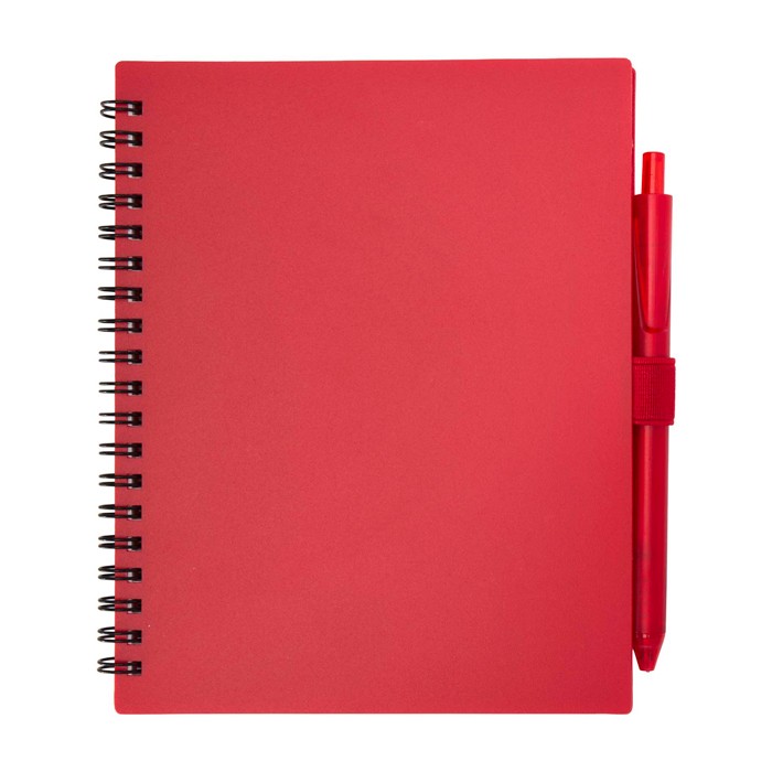 Libreta de plástico reciclado con bolígrafo con soporte tinta azul color rojo segunda vista frontal Libreta de plástico reciclado con bolígrafo con soporte tinta azul color rojo segunda vista frontal