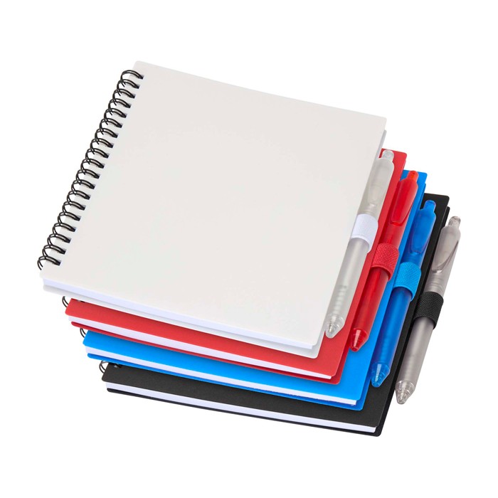 Libreta de plástico reciclado con bolígrafo con soporte tinta azul color rojo segunda vista varios colores Libreta de plástico reciclado con bolígrafo con soporte tinta azul color rojo segunda vista varios colores