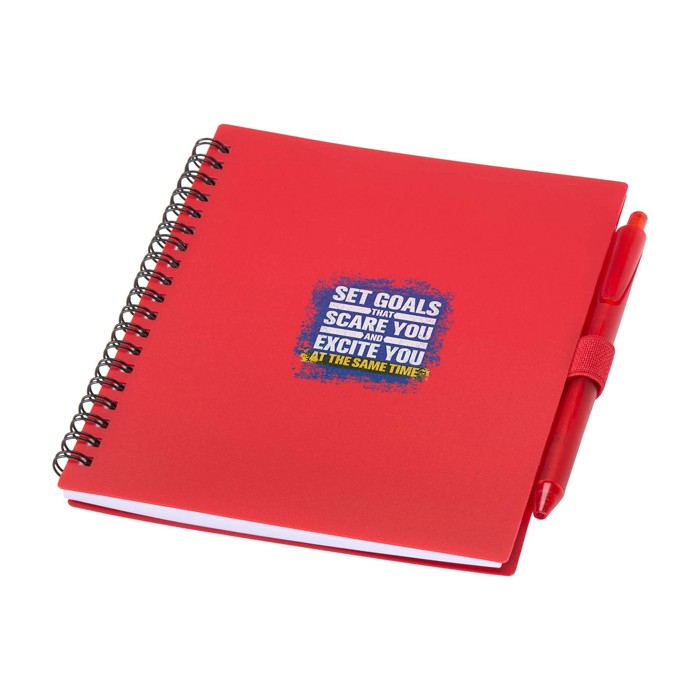 Libreta de plástico reciclado con bolígrafo con soporte tinta azul color rojo vista impresión tampografía Libreta de plástico reciclado con bolígrafo con soporte tinta azul color rojo vista impresión tampografía