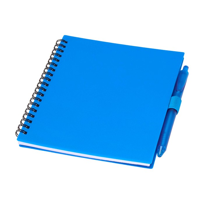 Libreta de plástico reciclado con bolígrafo con soporte tinta azul color azul Libreta de plástico reciclado con bolígrafo con soporte tinta azul color azul