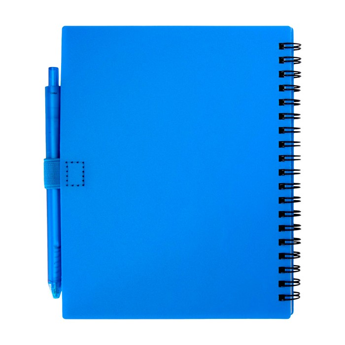 Libreta de plástico reciclado con bolígrafo con soporte tinta azul color azul segunda vista trasera Libreta de plástico reciclado con bolígrafo con soporte tinta azul color azul segunda vista trasera