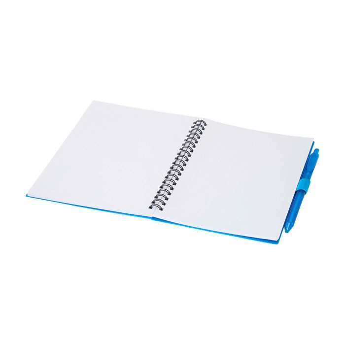 Libreta de plástico reciclado con bolígrafo con soporte tinta azul color azul segunda vista Libreta de plástico reciclado con bolígrafo con soporte tinta azul color azul segunda vista