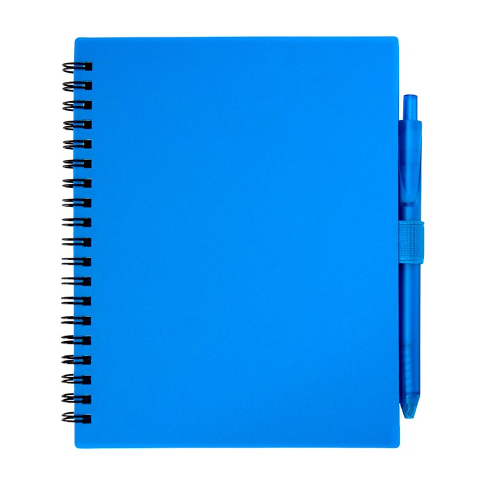 Libreta de plástico reciclado con bolígrafo con soporte tinta azul color azul segunda vista frontal Libreta de plástico reciclado con bolígrafo con soporte tinta azul color azul segunda vista frontal
