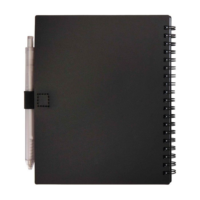 Libreta de plástico reciclado con bolígrafo con soporte tinta azul color negro segunda vista trasera Libreta de plástico reciclado con bolígrafo con soporte tinta azul color negro segunda vista trasera