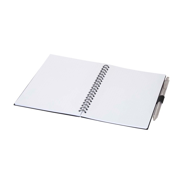 Libreta de plástico reciclado con bolígrafo con soporte tinta azul color negro segunda vista Libreta de plástico reciclado con bolígrafo con soporte tinta azul color negro segunda vista