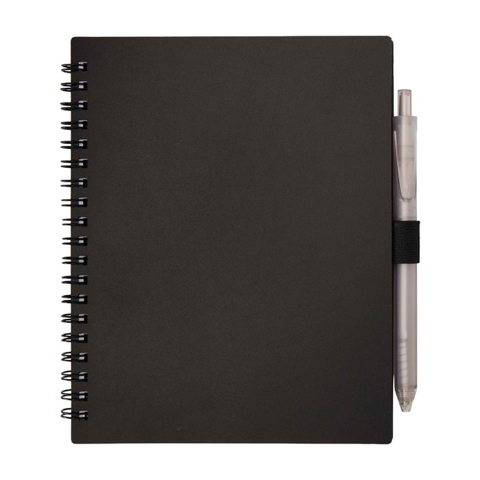 Libreta de plástico reciclado con bolígrafo con soporte tinta azul color negro segunda vista frontal Libreta de plástico reciclado con bolígrafo con soporte tinta azul color negro segunda vista frontal