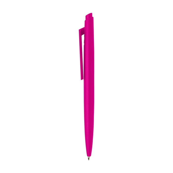 Bolígrafo de plástico reciclado con diseño minimalista tinta negra color fucsia vista lateral