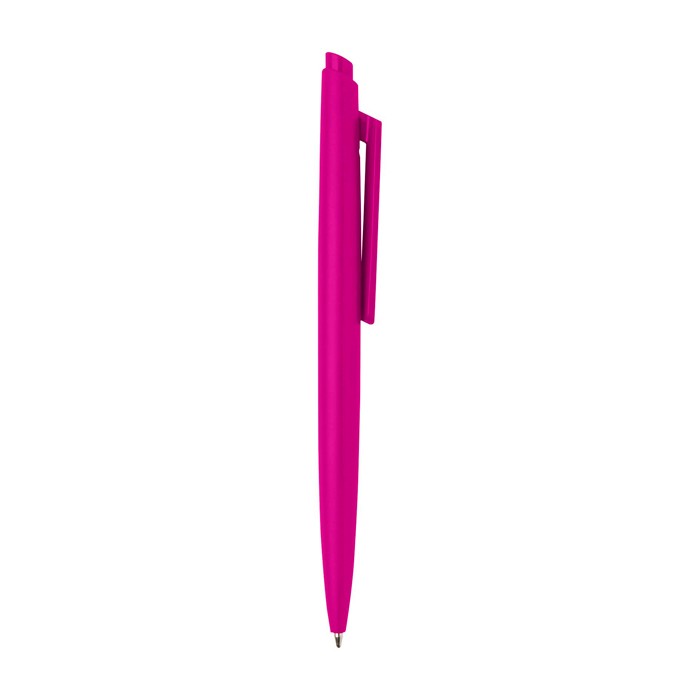 Bolígrafo de plástico reciclado con diseño minimalista tinta negra color fucsia segunda vista lateral