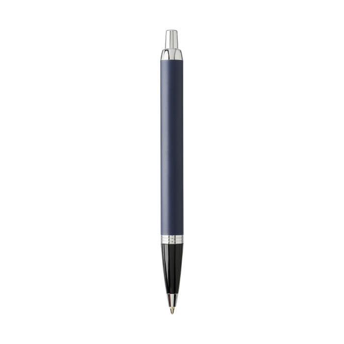 Bolígrafo bicolor con acabados metálicos color azul vista trasera Bolígrafo bicolor con acabados metálicos color azul vista trasera
