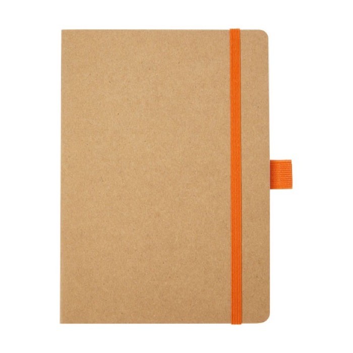Libreta de papel reciclado con portabolígrafo A5 hojas a rayas color naranja segunda vista frontal Libreta de papel reciclado con portabolígrafo A5 hojas a rayas color naranja segunda vista frontal