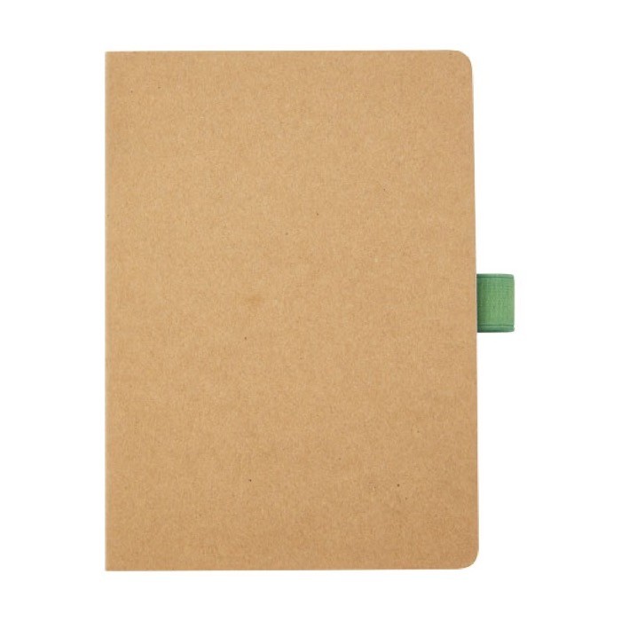 Libreta de papel reciclado con portabolígrafo A5 hojas a rayas color verde tercera vista frontal Libreta de papel reciclado con portabolígrafo A5 hojas a rayas color verde tercera vista frontal