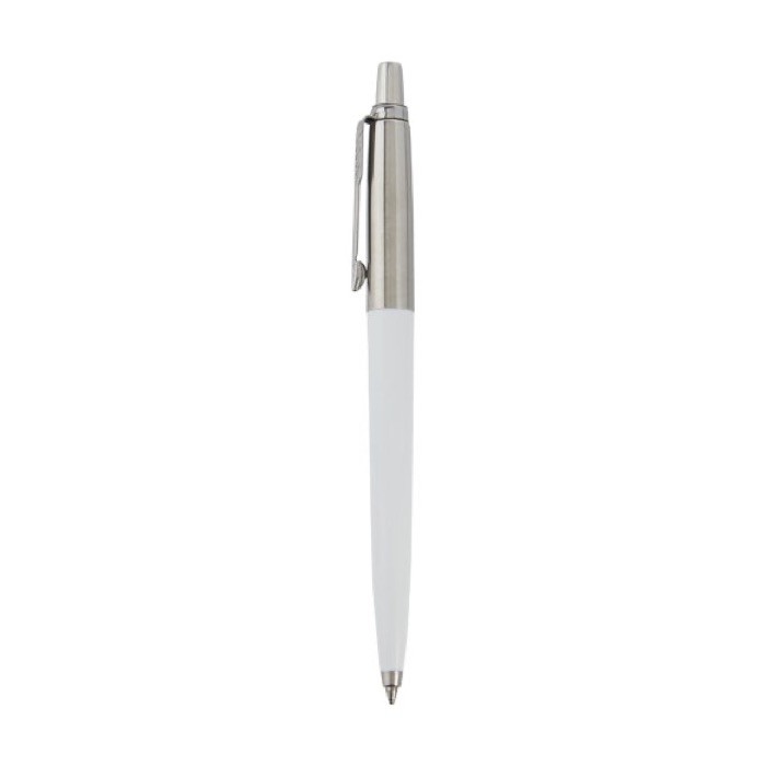 Bolígrafo reciclado elegante con carga de tinta azul Parker Jotter color blanco vista lateral
