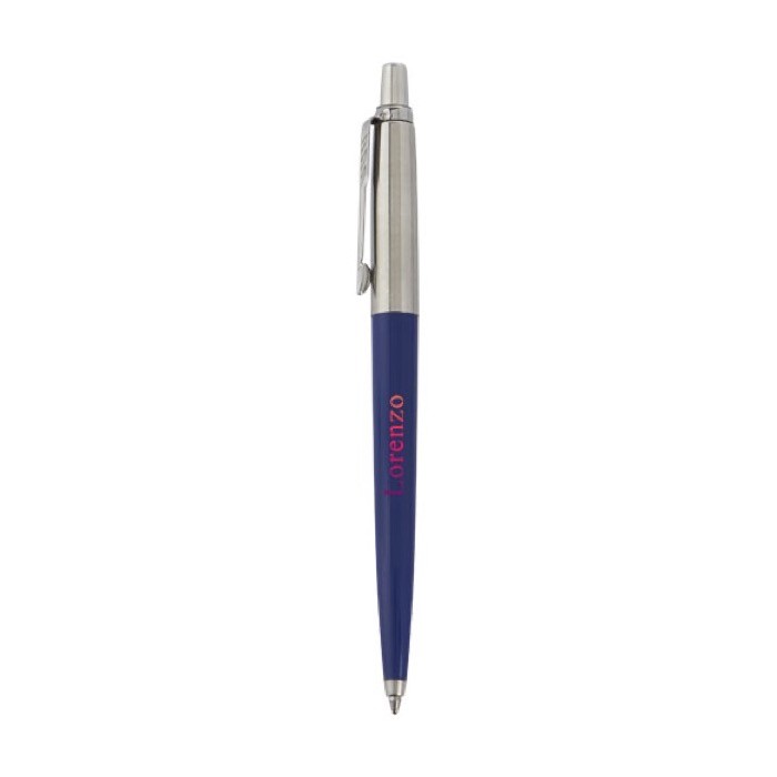 Bolígrafo ecológico con recarga incluida tinta negra Parker Jotter color azul marino vista lateral con logo Bolígrafo ecológico con recarga incluida tinta negra Parker Jotter color azul marino vista lateral con logo