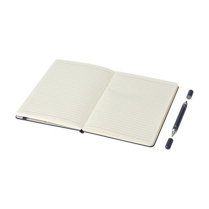 Libreta ecológica con bolígrafo incorporado hojas a rayas color azul marino segunda vista Libreta ecológica con bolígrafo incorporado hojas a rayas color azul marino segunda vista
