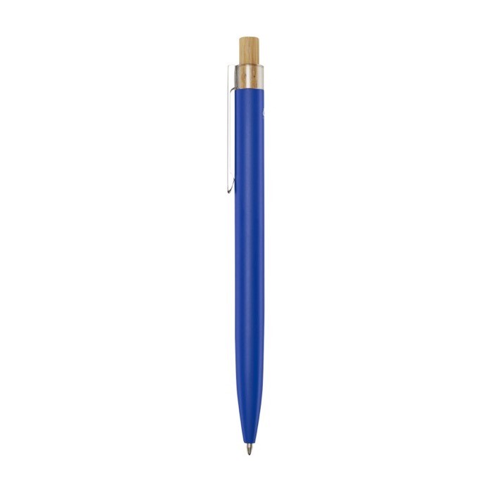 Bolígrafo de aluminio y bambú con detalle transparente tinta negra color azul vista lateral Bolígrafo de aluminio y bambú con detalle transparente tinta negra color azul vista lateral
