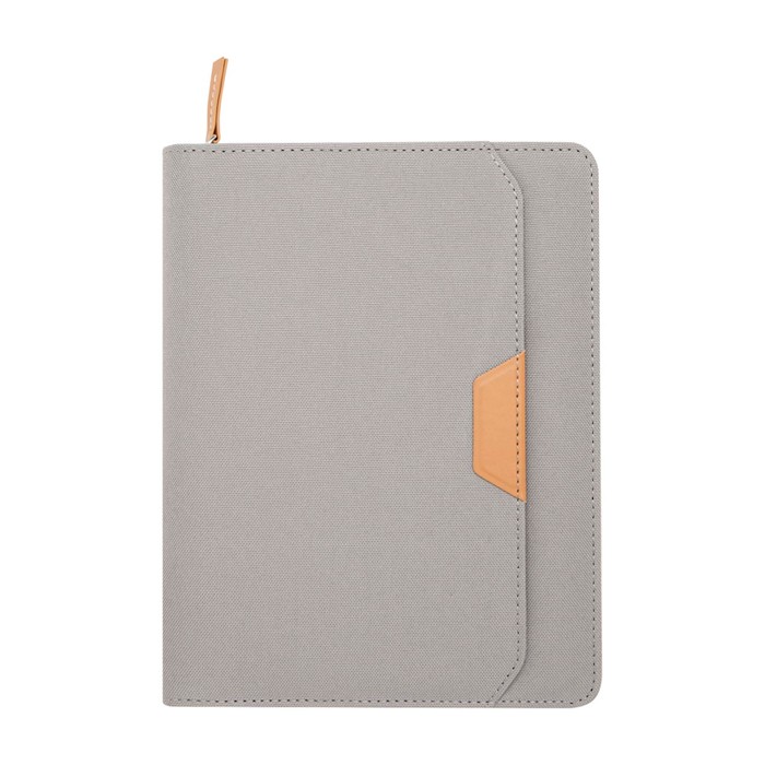 Portafolio de plástico reciclado redondeado A5 hojas a rayas color gris segunda vista frontal