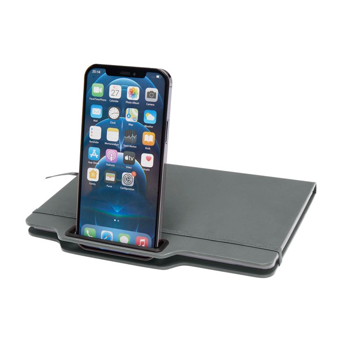 Libreta con orificio para móvil con tapa dura A5 hojas a rayas color gris tercera vista Libreta con orificio para móvil con tapa dura A5 hojas a rayas color gris tercera vista