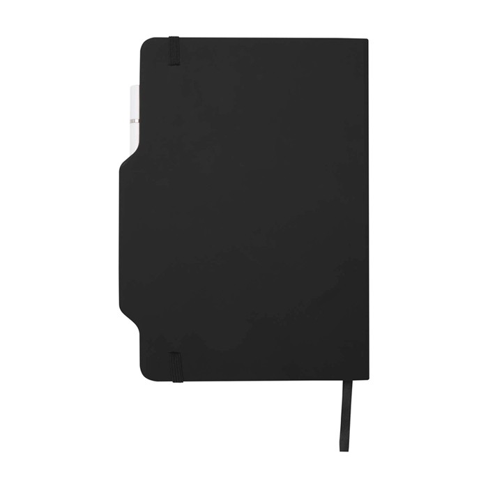 Libreta con orificio para móvil con tapa dura A5 hojas a rayas color negro segunda vista trasera Libreta con orificio para móvil con tapa dura A5 hojas a rayas color negro segunda vista trasera