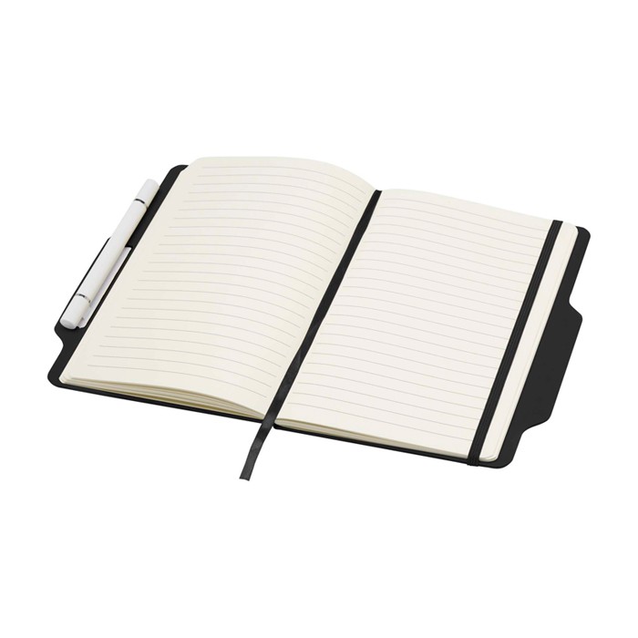 Libreta con orificio para móvil con tapa dura A5 hojas a rayas color negro segunda vista Libreta con orificio para móvil con tapa dura A5 hojas a rayas color negro segunda vista