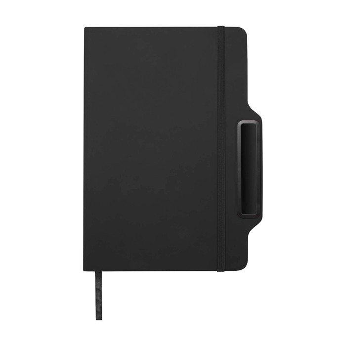 Libreta con orificio para móvil con tapa dura A5 hojas a rayas color negro cuarta vista Libreta con orificio para móvil con tapa dura A5 hojas a rayas color negro cuarta vista