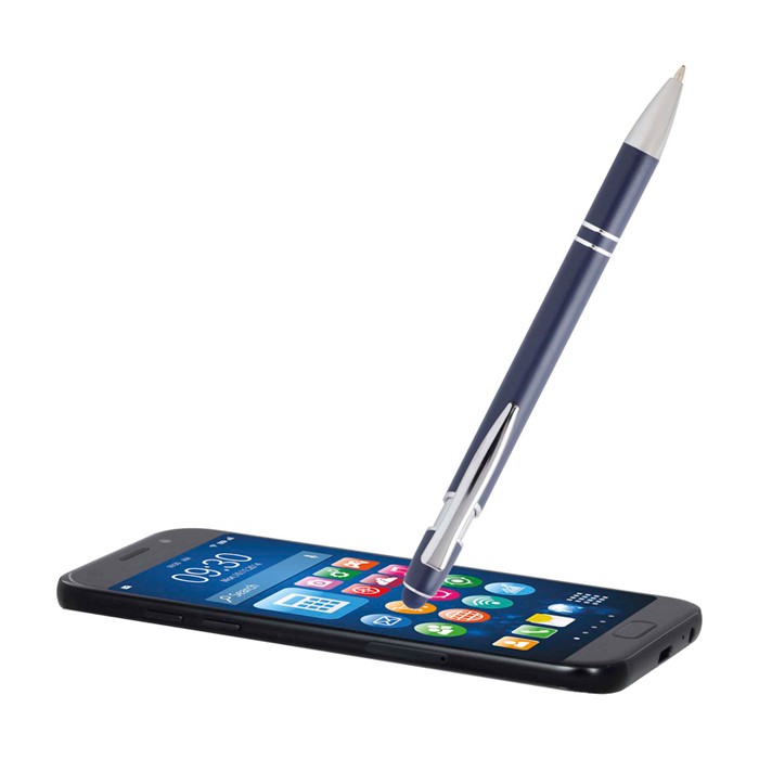 Bolígrafo de aluminio reciclado con puntero táctil tinta azul color azul marino tercera vista