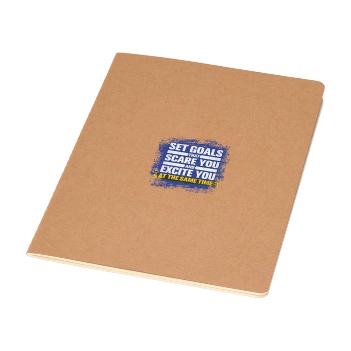 Libreta de papel kraft con lomo cosido visible A5 hojas a rayas color natural vista impresión tampografía