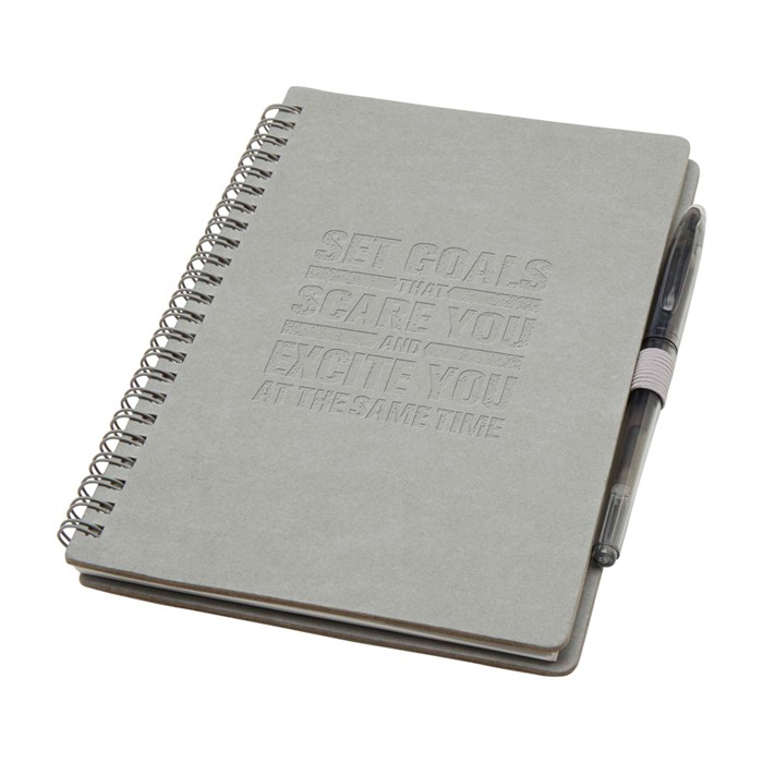 Libreta de tapa dura reutilizable con bolígrafo tinta negra color gris vista detalle con logo Libreta de tapa dura reutilizable con bolígrafo tinta negra color gris vista detalle con logo