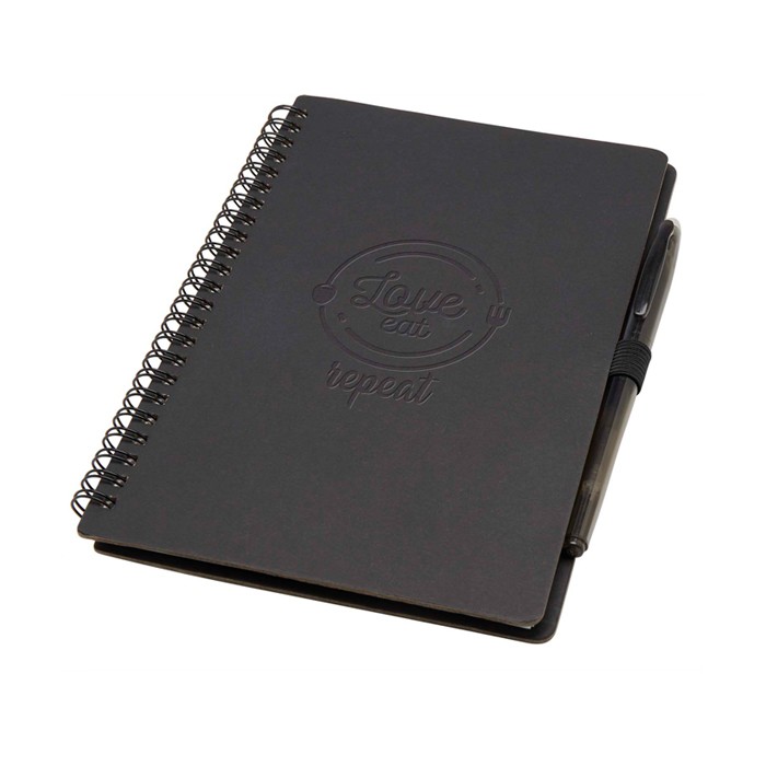 Libreta de tapa dura reutilizable con bolígrafo tinta negra color negro vista detalle con logo Libreta de tapa dura reutilizable con bolígrafo tinta negra color negro vista detalle con logo